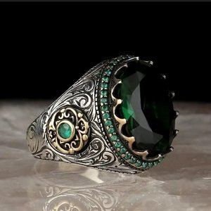 Men's Big Irregular Green Oval Rhinestone Retro Silver Ring